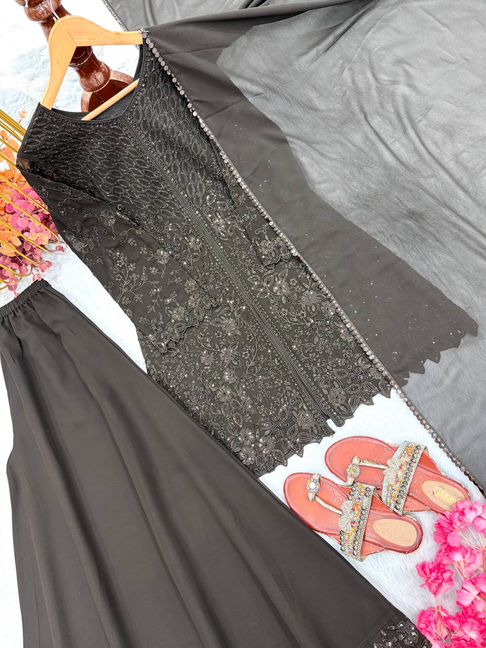 Black Georgette Sequence Work Palazzo Suit