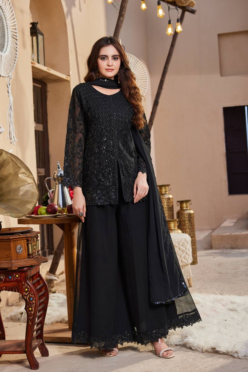 Black Georgette Sequence Work Palazzo Suit