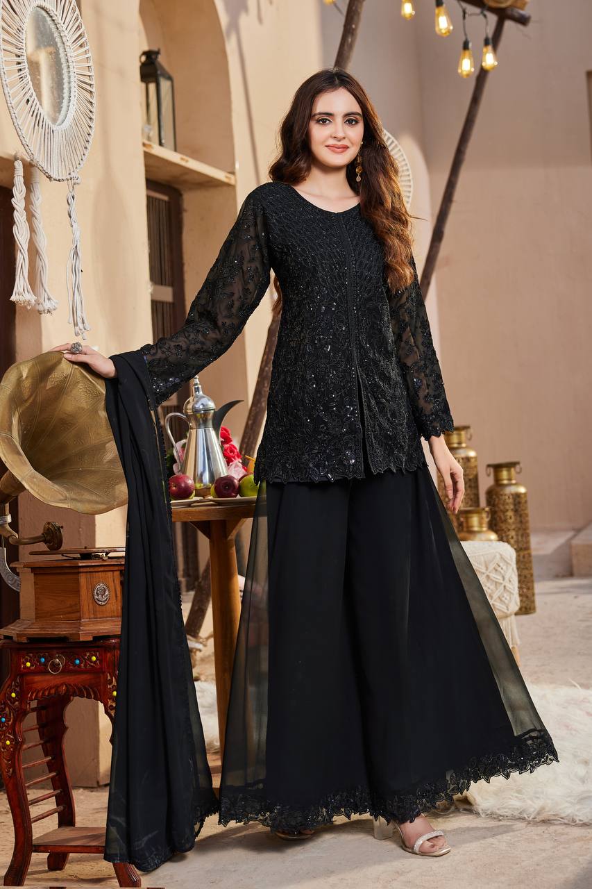 Black Georgette Sequence Work Palazzo Suit