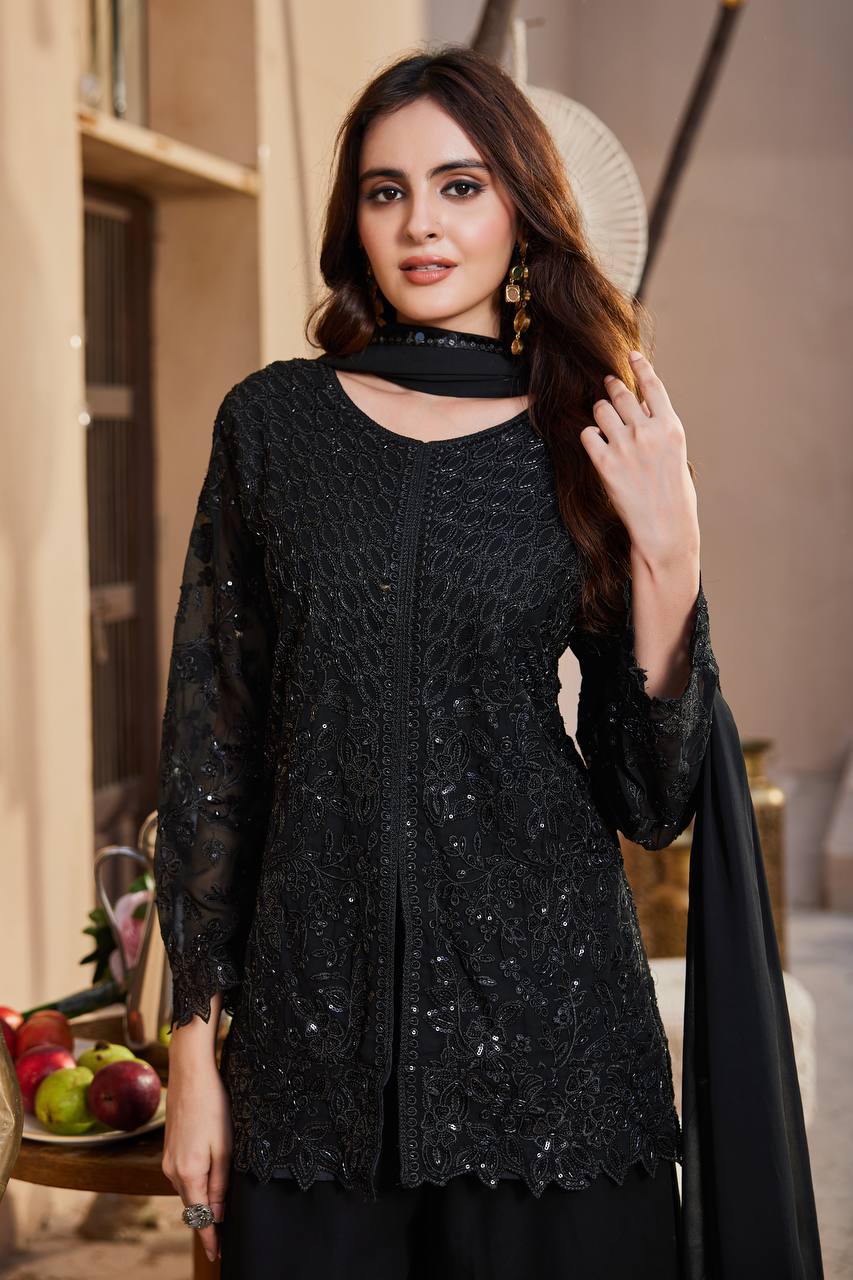 Black Georgette Sequence Work Palazzo Suit