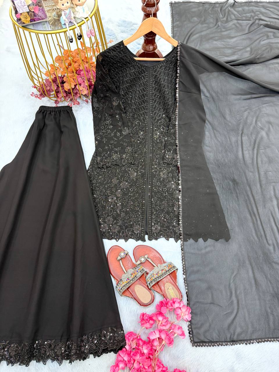 Black Georgette Sequence Work Palazzo Suit