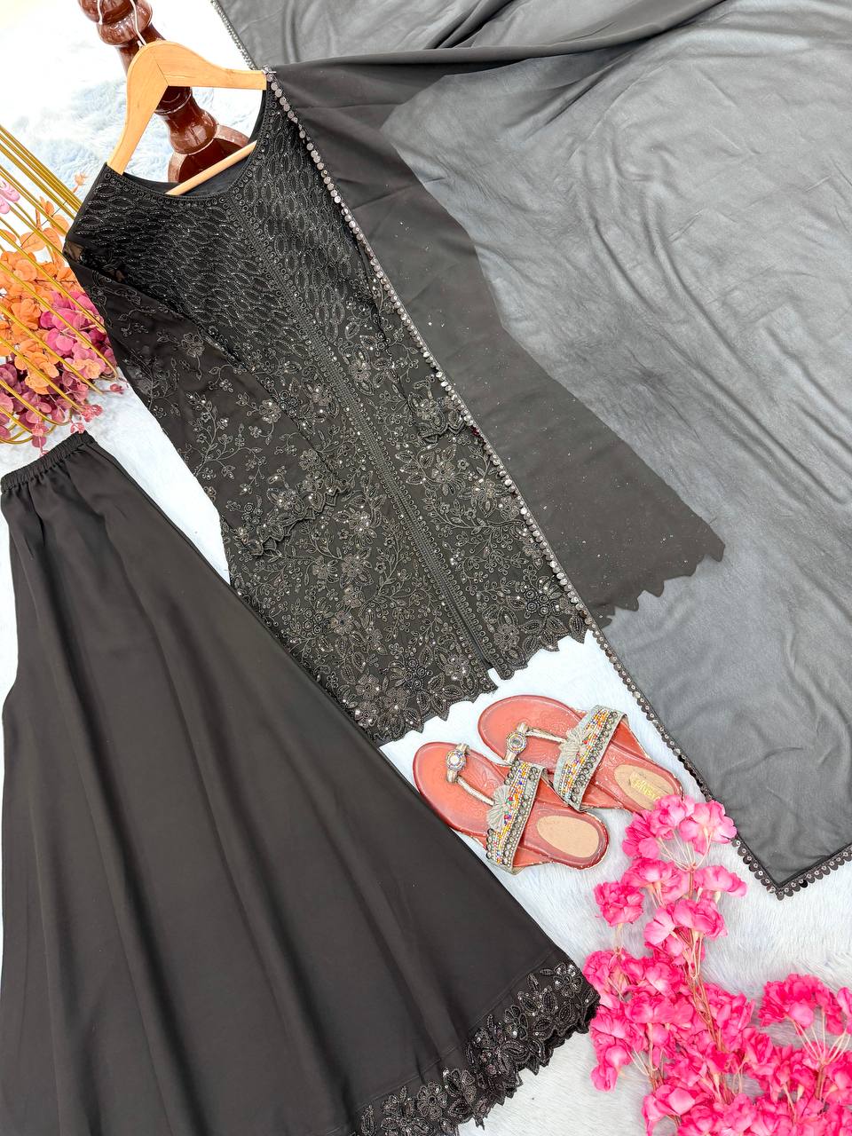 Black Georgette Sequence Work Palazzo Suit