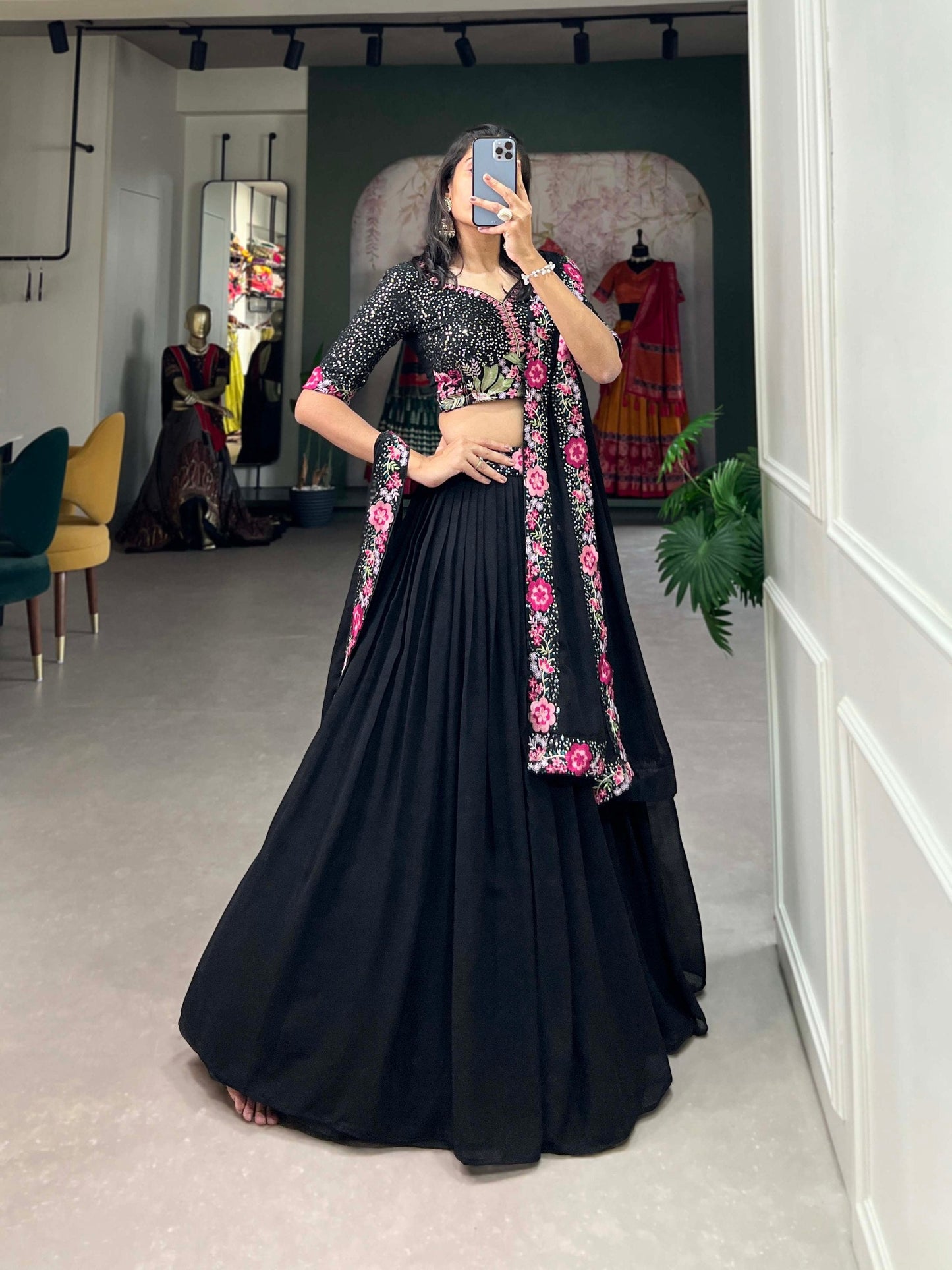 Black Georgette Sequin Lehenga Choli with Delicate Embroidery