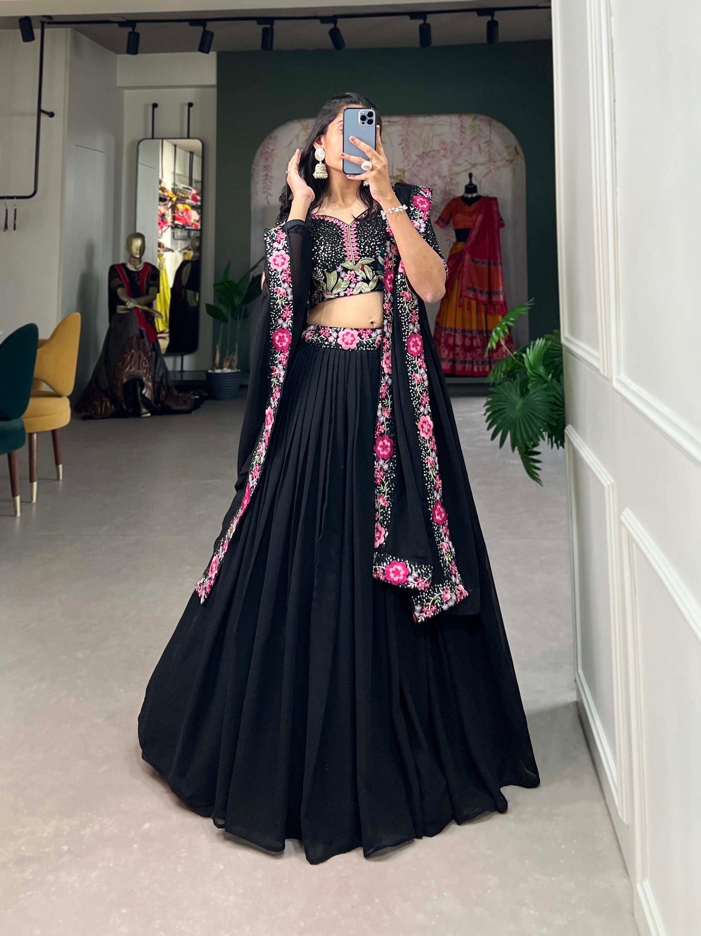 Black Georgette Sequin Lehenga Choli with Delicate Embroidery