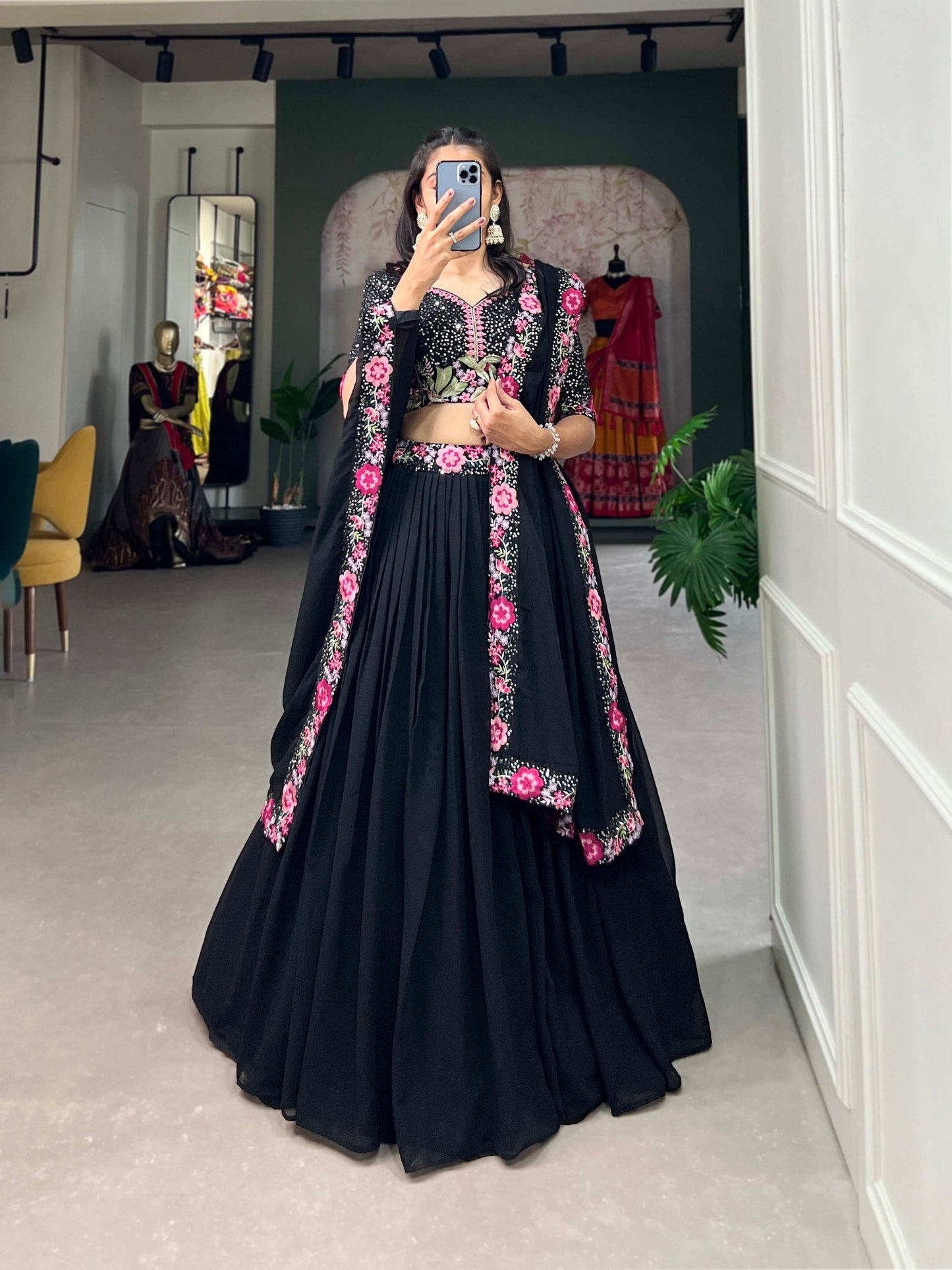 Black Georgette Sequin Lehenga Choli with Delicate Embroidery