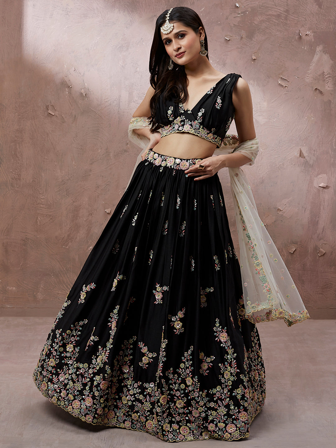 Black Georgette Sequins with Zarkan embroidery Semi-Stitched Lehenga choli & Dupatta