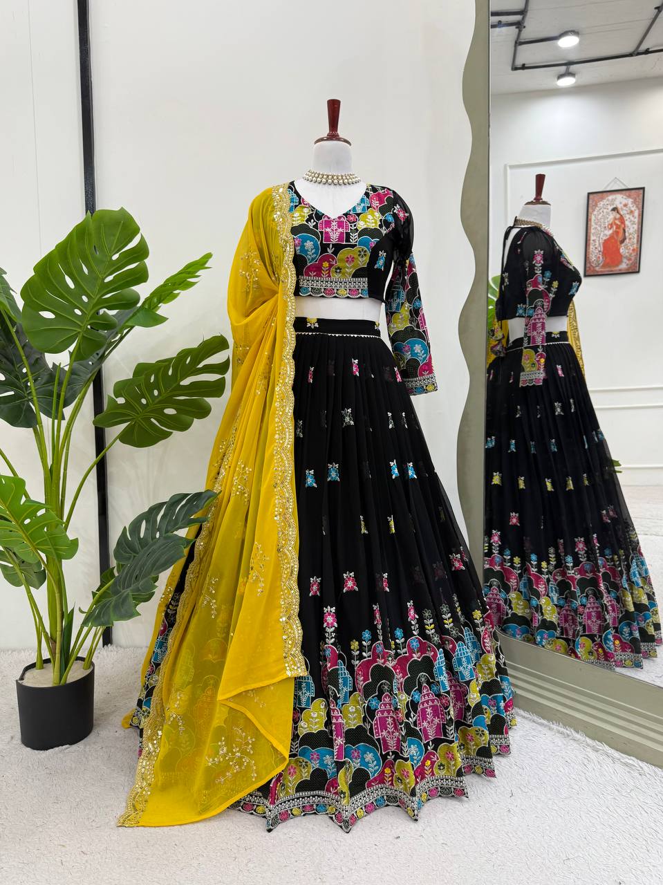 Black Glam Faux Georgette Lehenga Choli Set with Thread & Sequin Work Full Stitched Lehenga with Can-Can & Dupatta