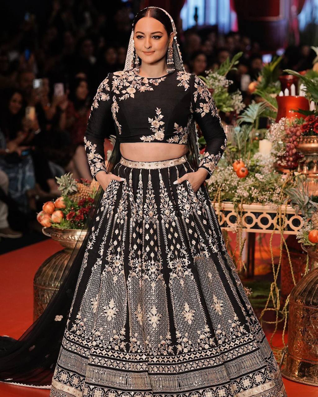 Black Glam Fox Georgette Sequin Embroidered Lehenga Set with Four-Side Lace Dupatta