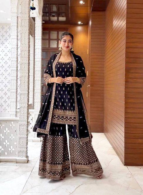 Black Glamorous Faux Georgette Plazo Set with Dupatta