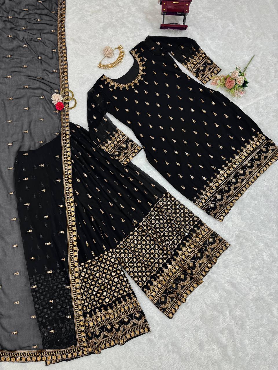 Black Glamorous Faux Georgette Plazo Set with Dupatta
