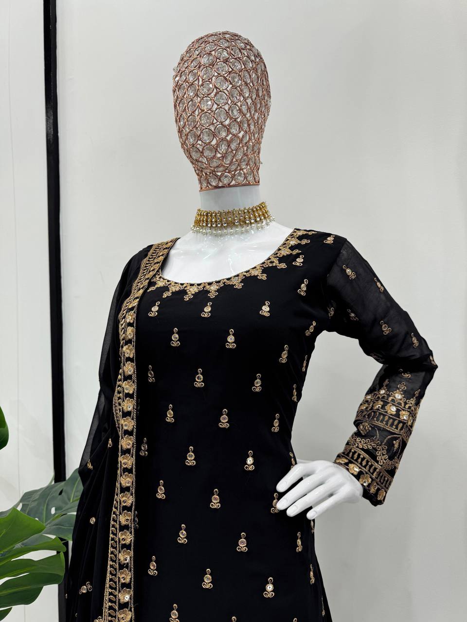 Black Glamorous Faux Georgette Plazo Set with Dupatta