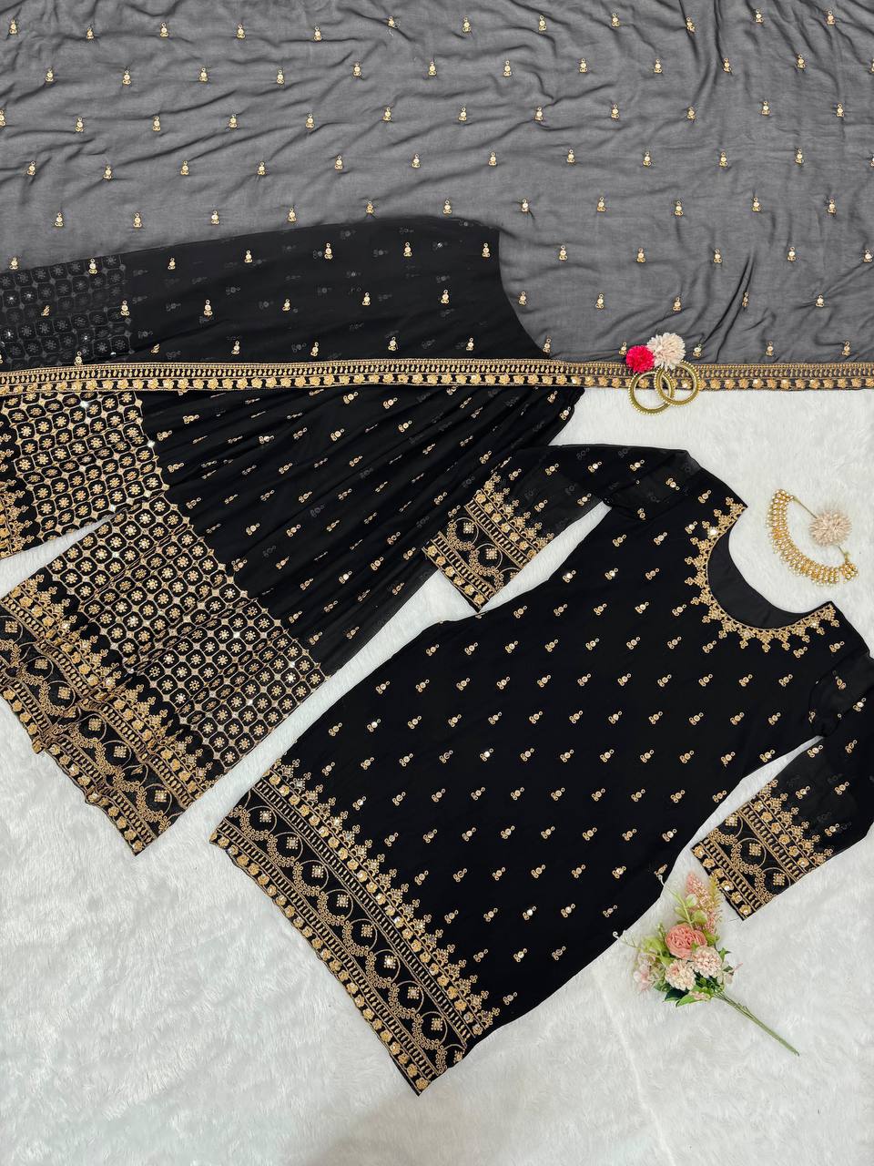 Black Glamorous Faux Georgette Plazo Set with Dupatta