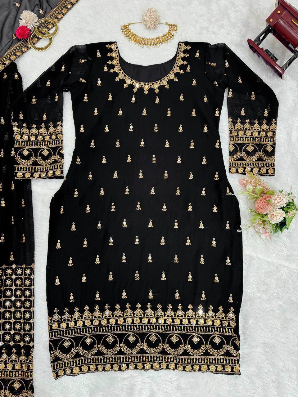 Black Glamorous Faux Georgette Plazo Set with Dupatta