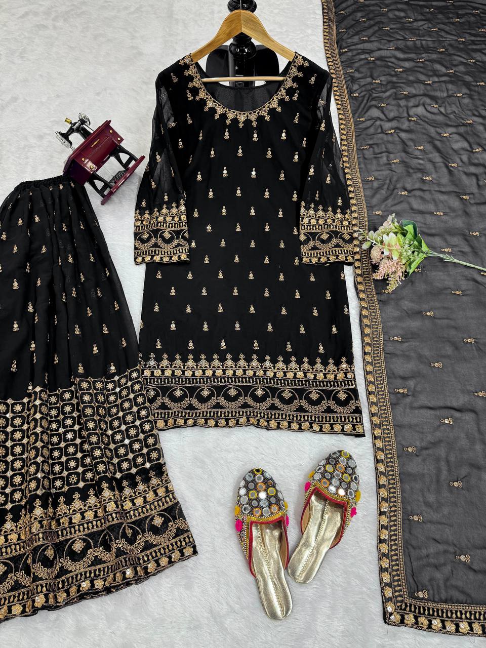 Black Glamorous Faux Georgette Plazo Set with Dupatta