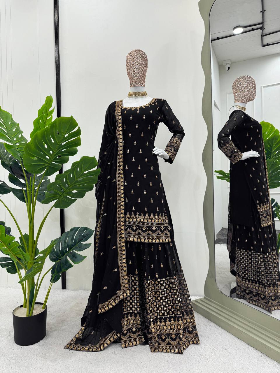 Black Glamorous Faux Georgette Plazo Set with Dupatta
