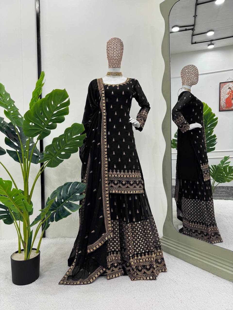 Black Glamorous Faux Georgette Plazo Set with Dupatta