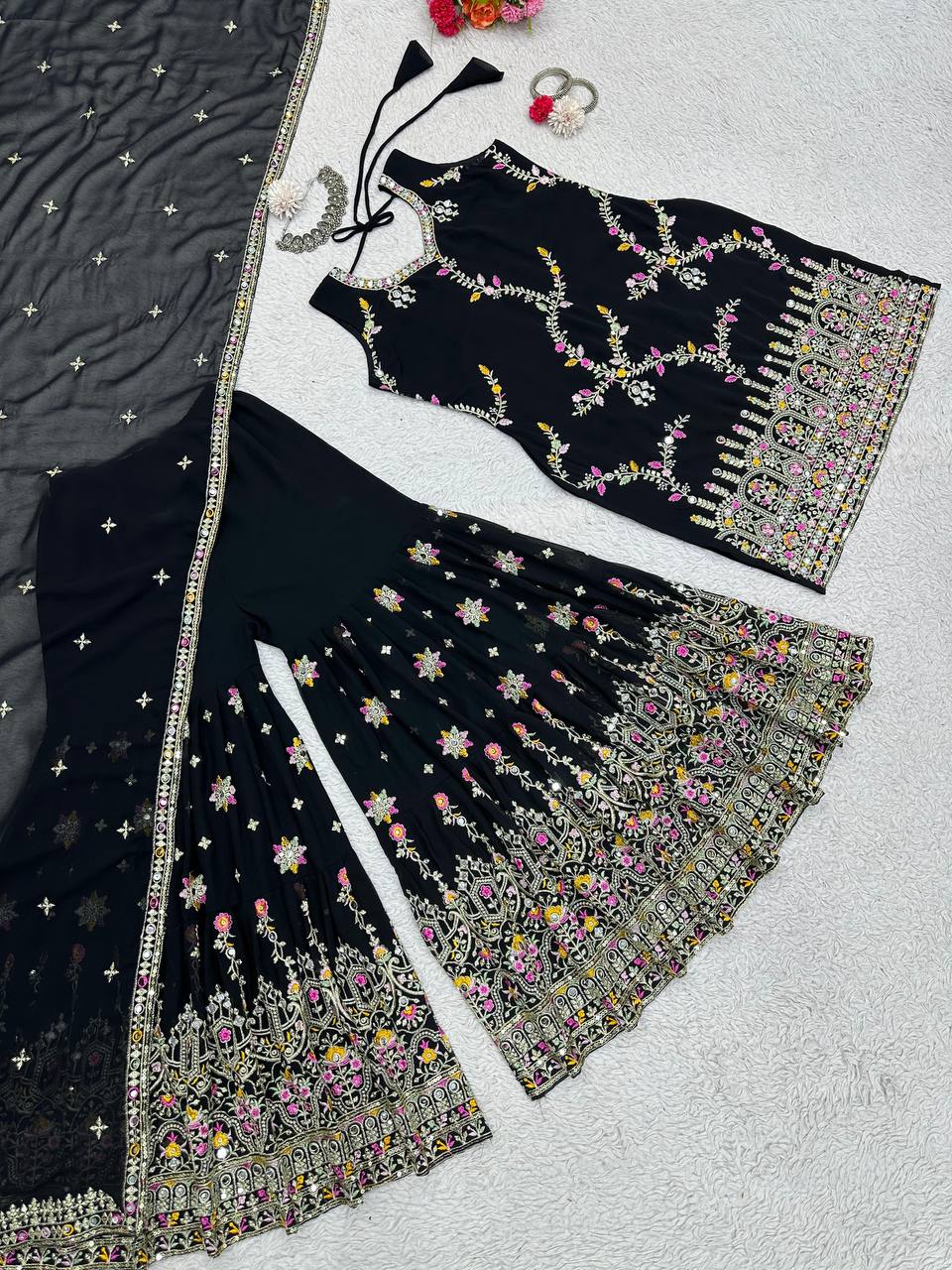 Black Glamorous Faux Georgette Sharara Set with Real Mirror Work & Lace Detailing