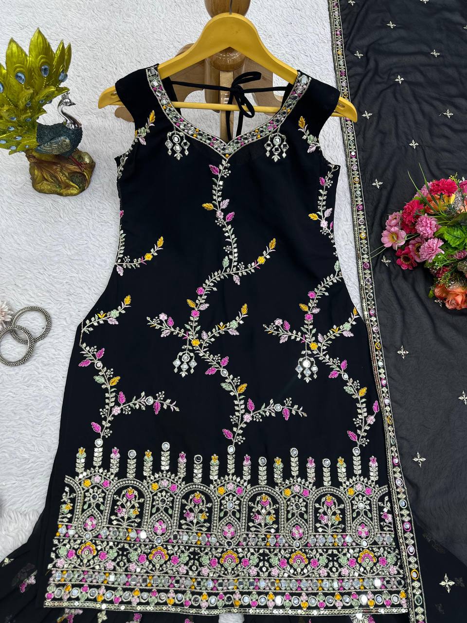 Black Glamorous Faux Georgette Sharara Set with Real Mirror Work & Lace Detailing