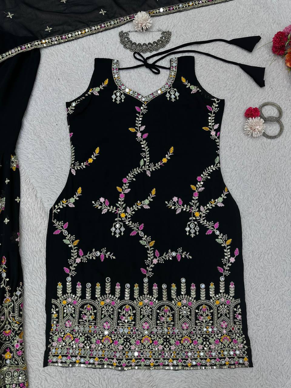 Black Glamorous Faux Georgette Sharara Set with Real Mirror Work & Lace Detailing