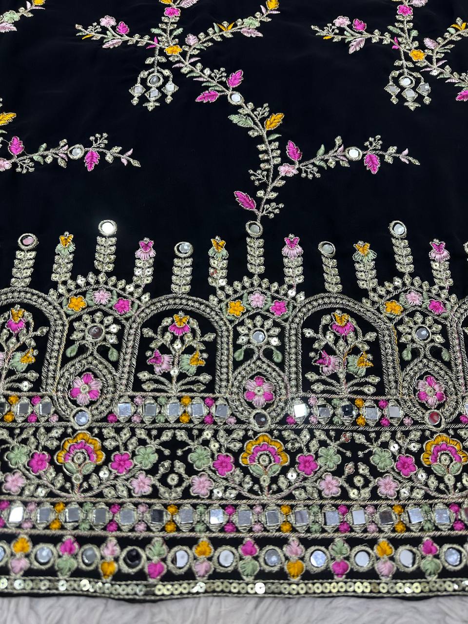 Black Glamorous Faux Georgette Sharara Set with Real Mirror Work & Lace Detailing
