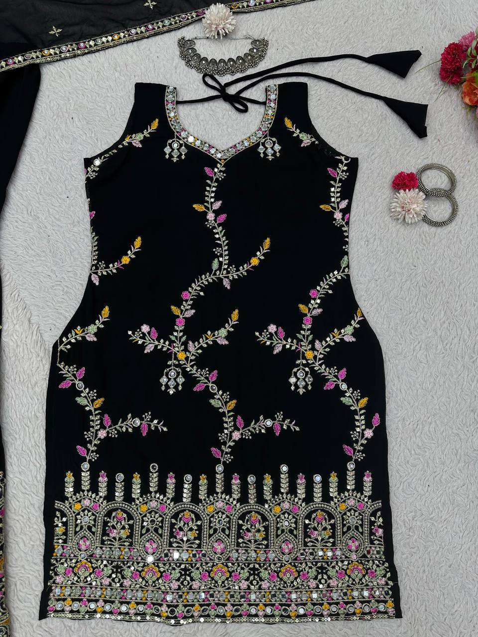 Black Glamorous Faux Georgette Sharara Set with Real Mirror Work & Lace Detailing