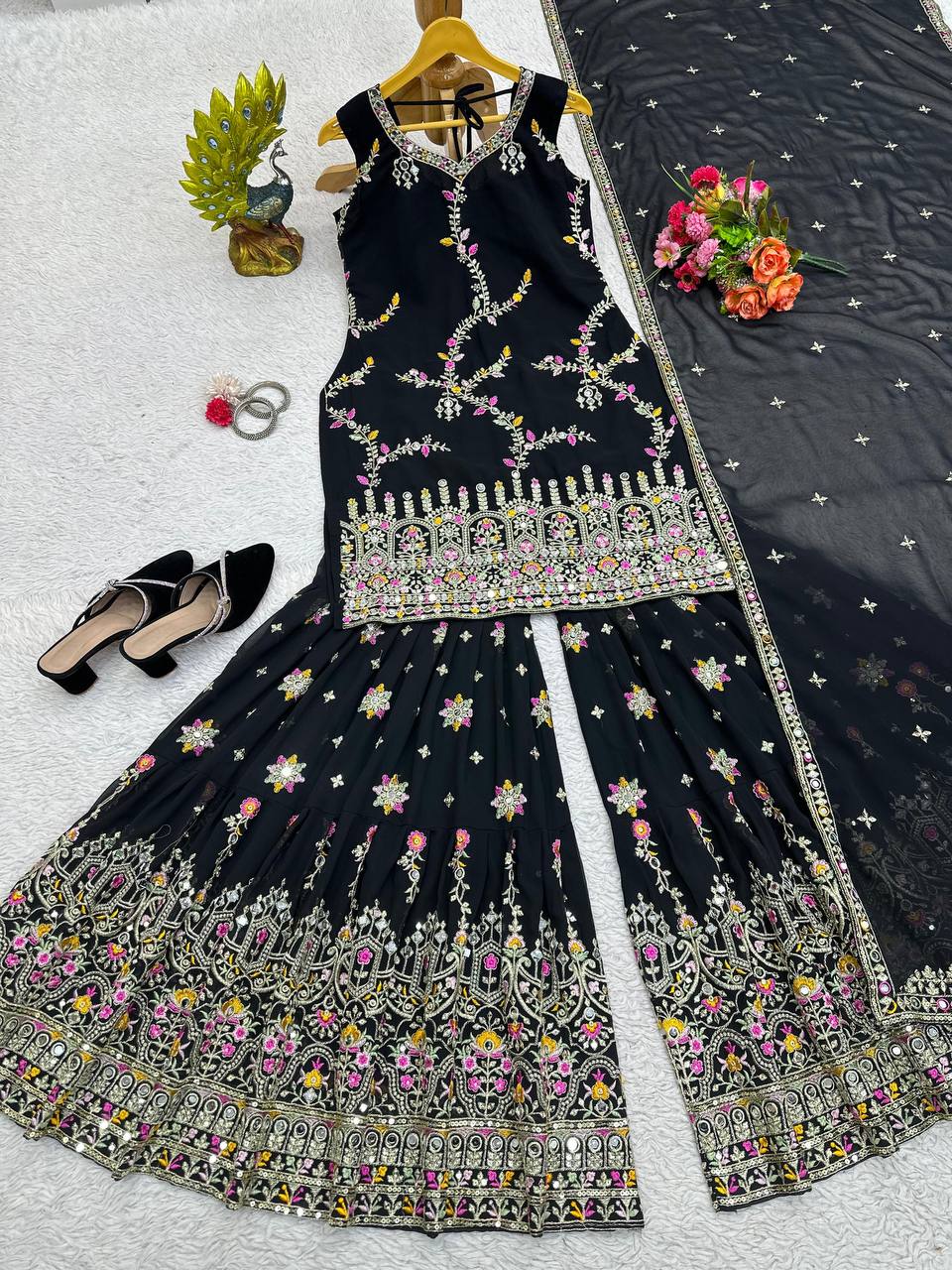 Black Glamorous Faux Georgette Sharara Set with Real Mirror Work & Lace Detailing