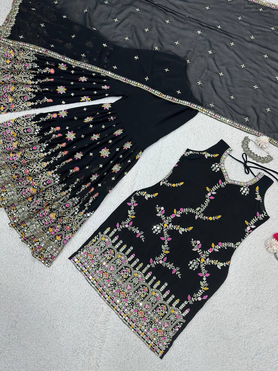 Black Glamorous Faux Georgette Sharara Set with Real Mirror Work & Lace Detailing