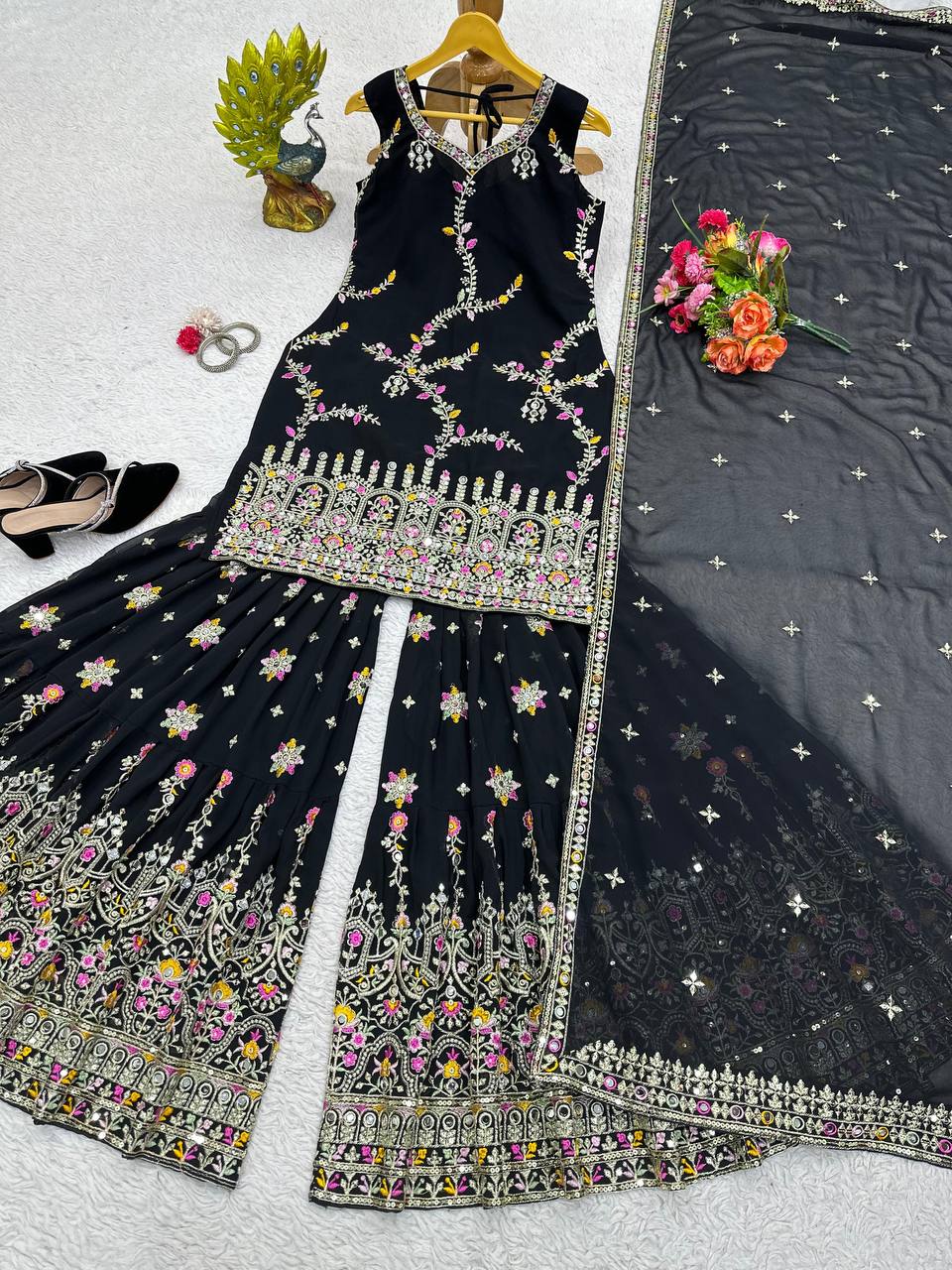 Black Glamorous Faux Georgette Sharara Set with Real Mirror Work & Lace Detailing