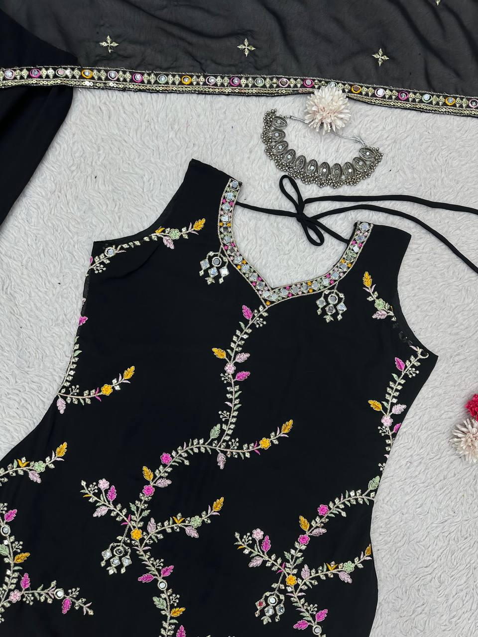 Black Glamorous Faux Georgette Sharara Set with Real Mirror Work & Lace Detailing