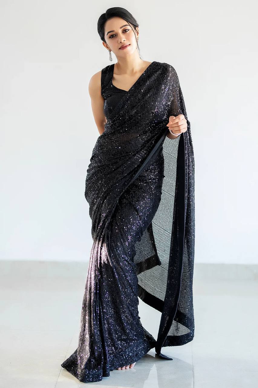 Black Glamorous Georgette Sequin Saree with Banglori Silk Blouse