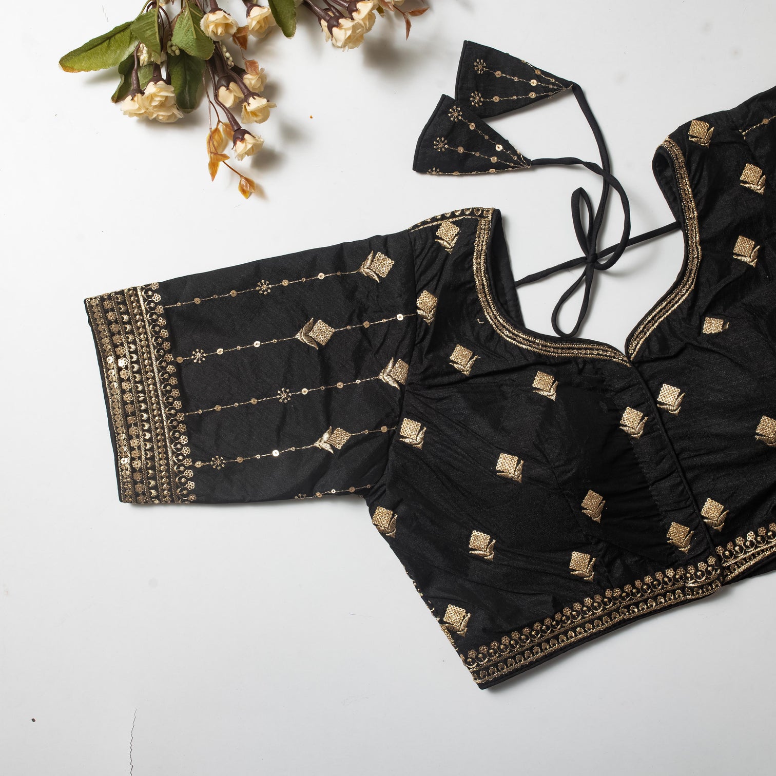 Black Golden Embroidered Vibrant Silk Blouse with Sequins