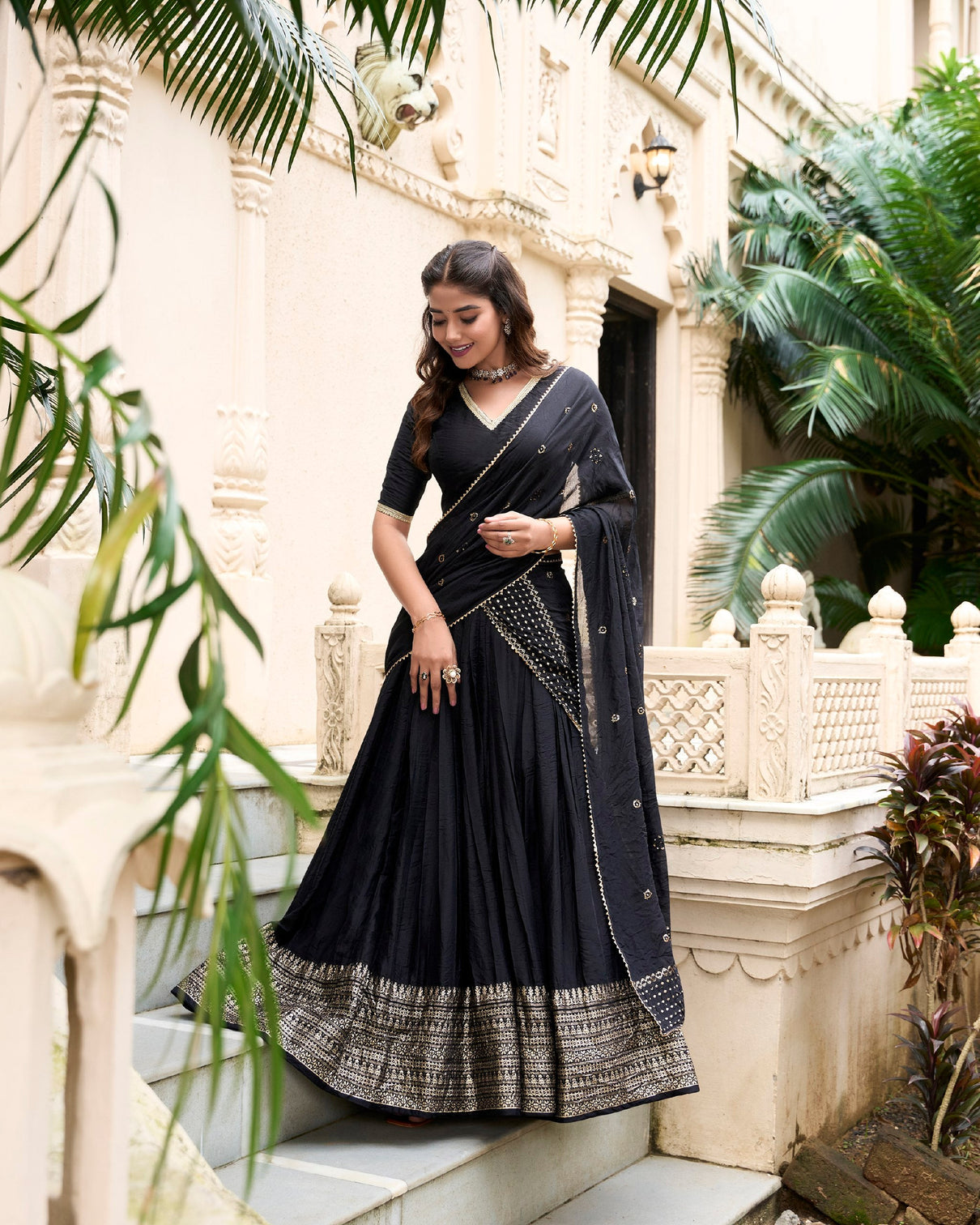 Black Graceful Elegance Pure Chanderi Lehenga with Zari Border & Sequin Dupatta