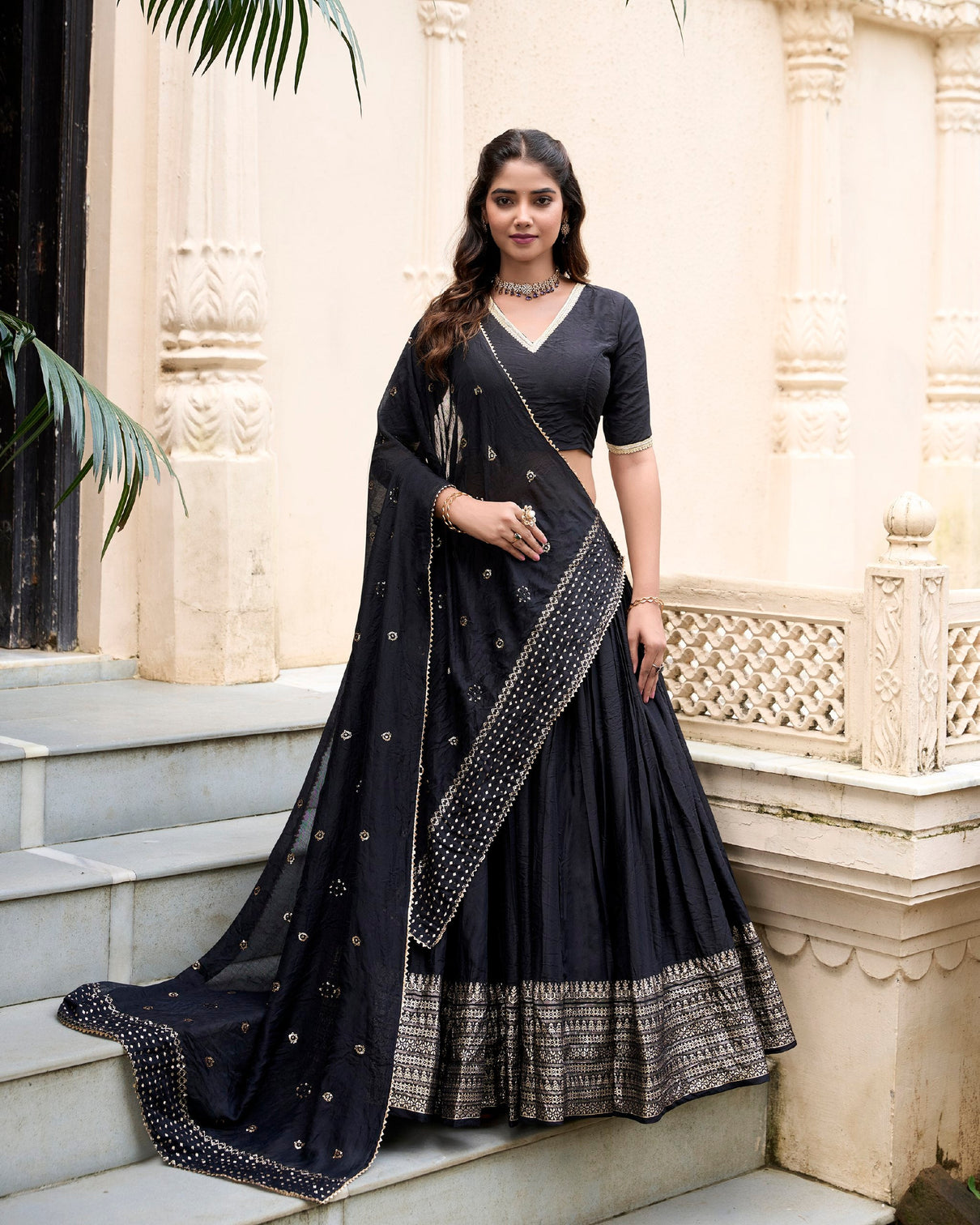 Black Graceful Elegance Pure Chanderi Lehenga with Zari Border & Sequin Dupatta