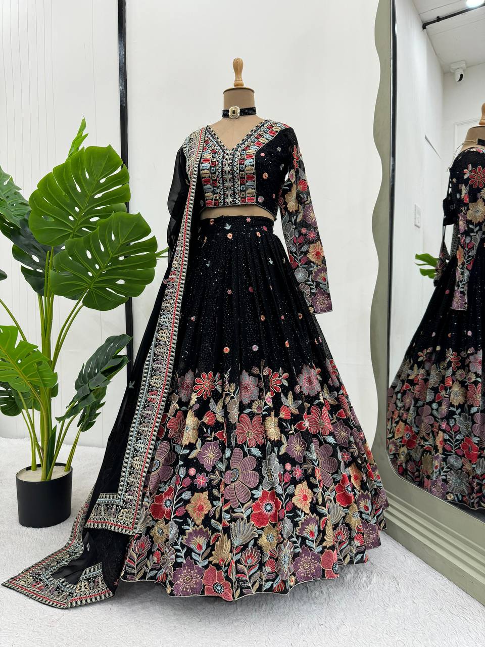 Black Graceful Faux Georgette Lehenga Choli Set with Sequin & Thread Embroidery