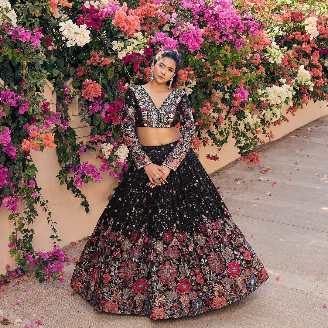 Black Graceful Faux Georgette Lehenga Choli Set with Sequin & Thread Embroidery