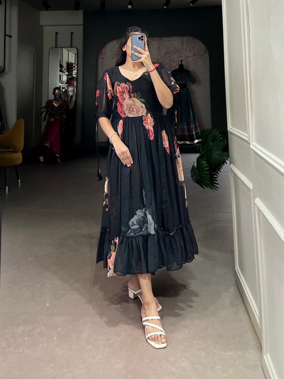 Black Graceful Floral Georgette Frock – Ethnic Summer Collection