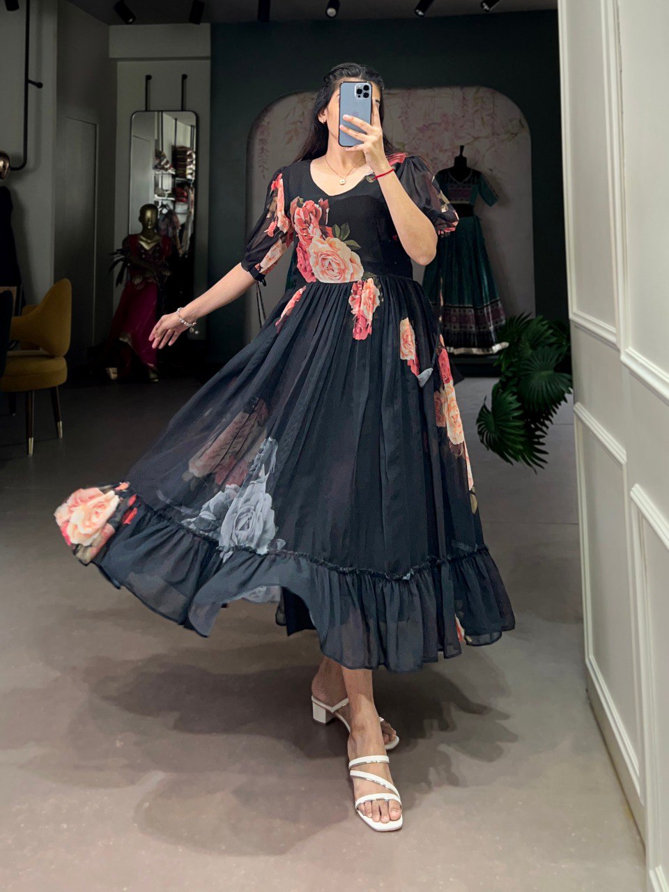 Black Graceful Floral Georgette Frock – Ethnic Summer Collection