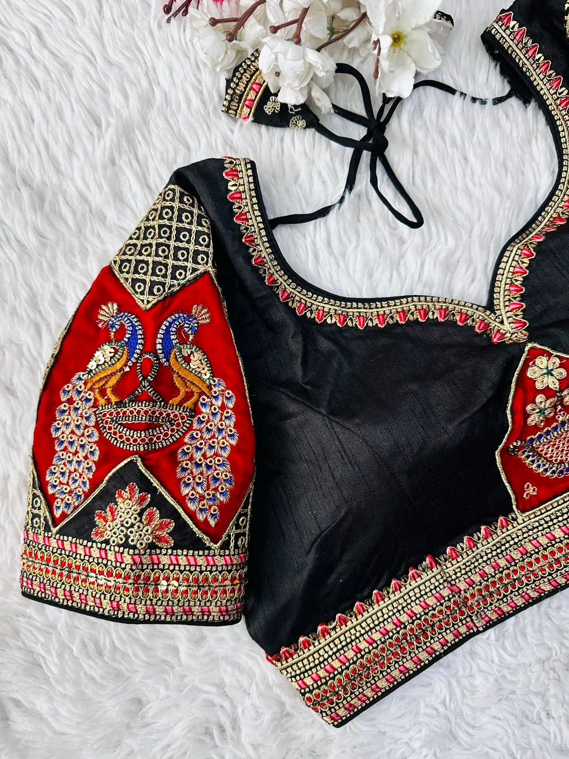 Black Handcrafted Sequined Blouse in Dilkush Silk