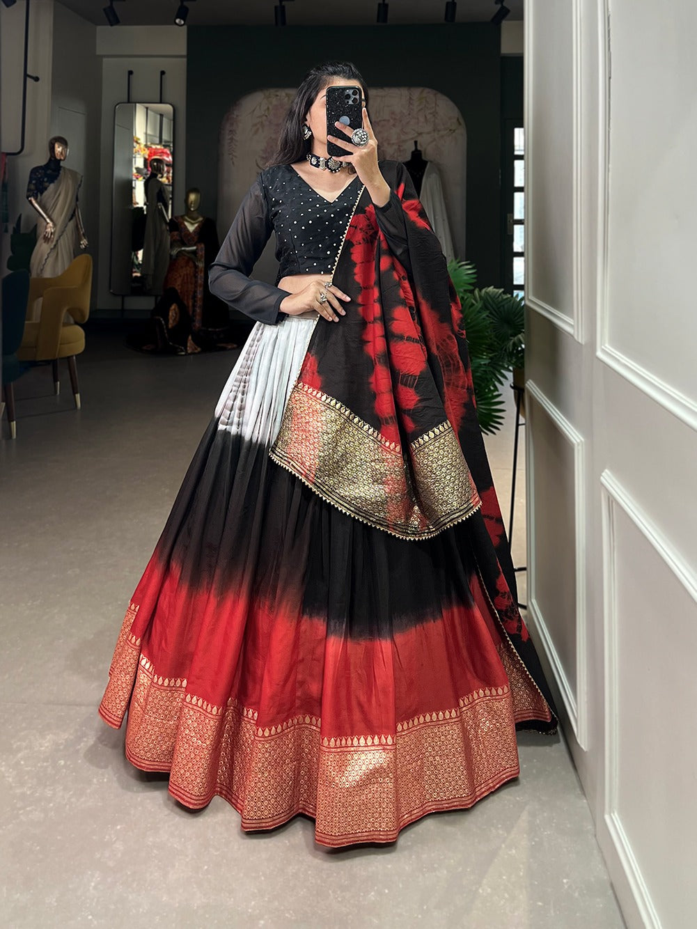 Black Handcrafted Shibori Print Lehenga Choli with Zari Border