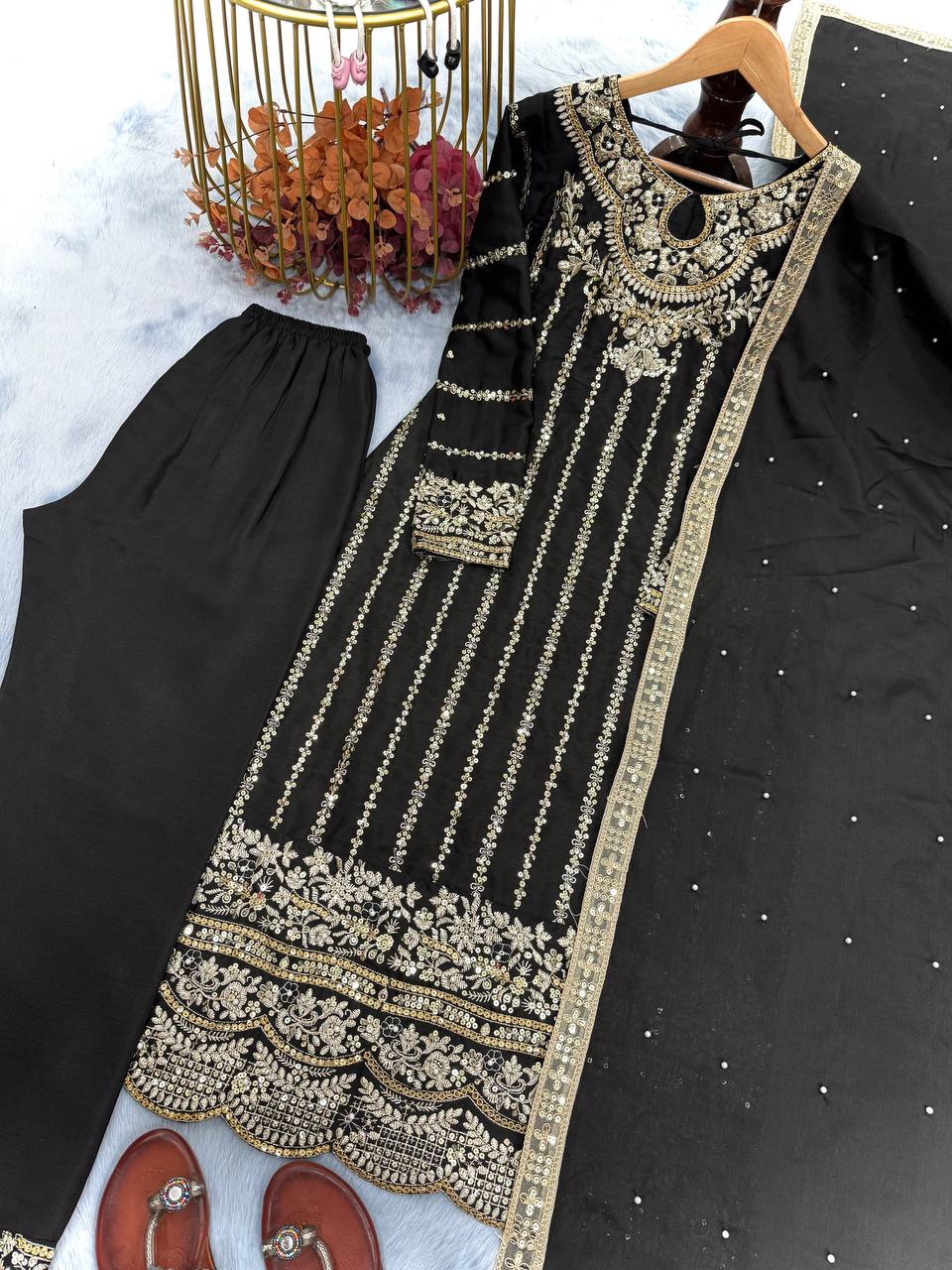 Black Heavy Chinon Silk Embroidered Suit Set with Rivet Moti & Sequin Work