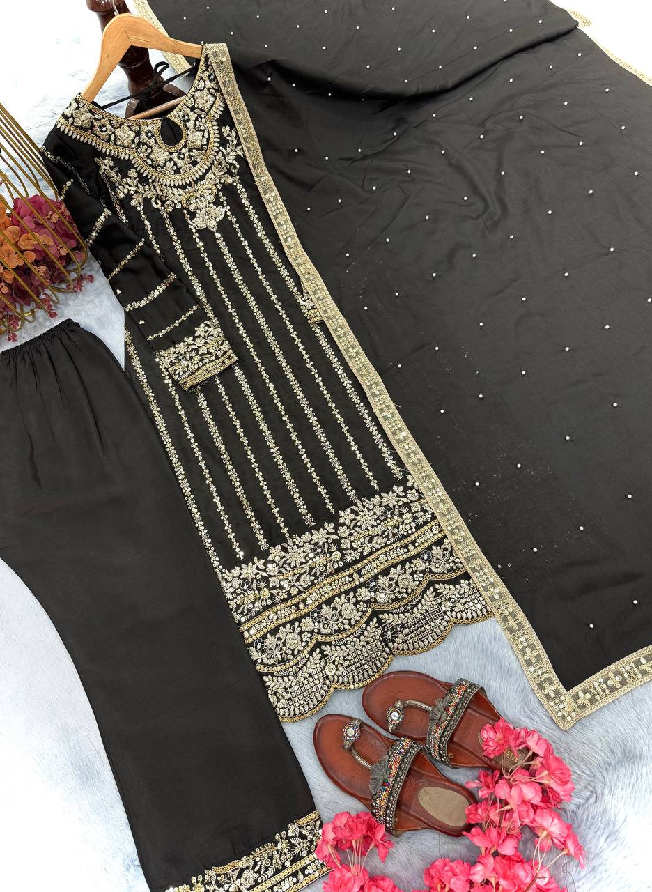 Black Heavy Chinon Silk Embroidered Suit Set with Rivet Moti & Sequin Work