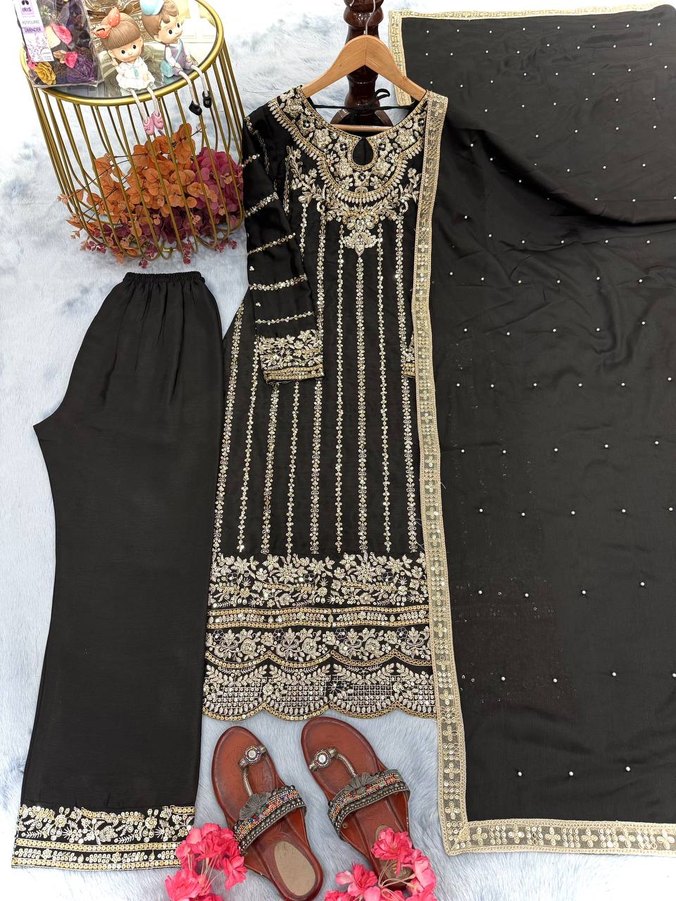 Black Heavy Chinon Silk Embroidered Suit Set with Rivet Moti & Sequin Work