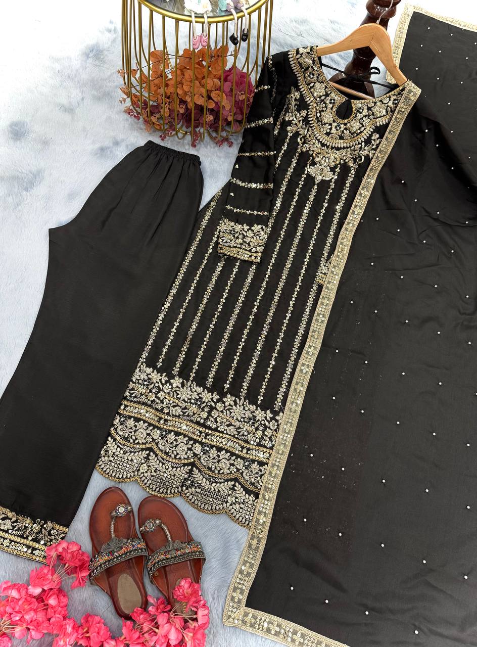 Black Heavy Chinon Silk Embroidered Suit Set with Rivet Moti & Sequin Work