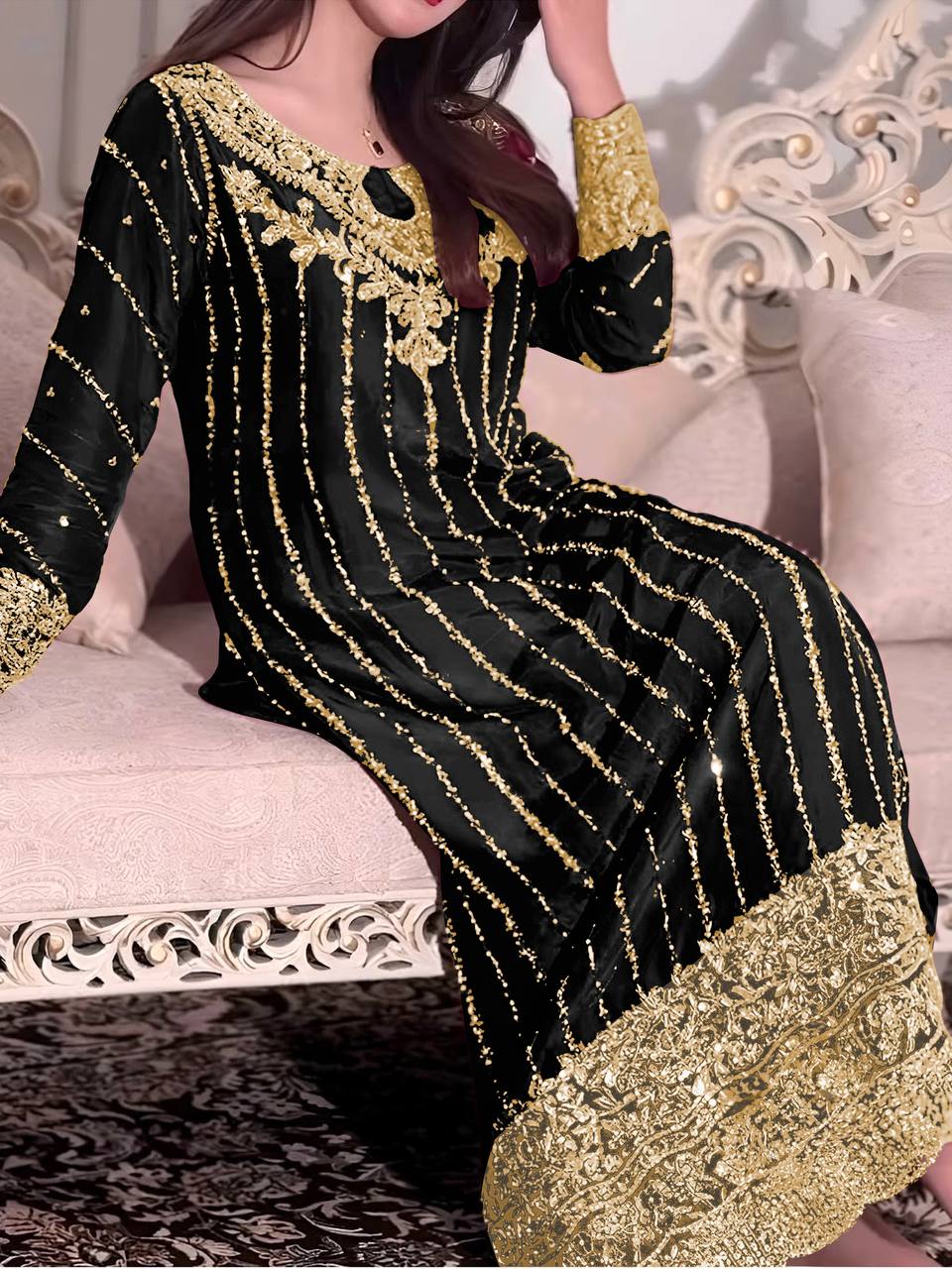 Black Heavy Chinon Silk Embroidered Suit Set with Rivet Moti & Sequin Work