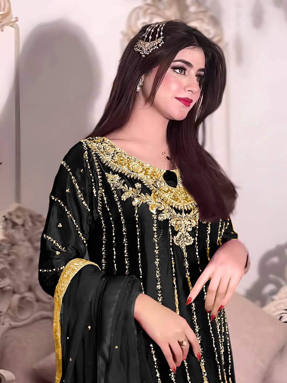 Black Heavy Chinon Silk Embroidered Suit Set with Rivet Moti & Sequin Work