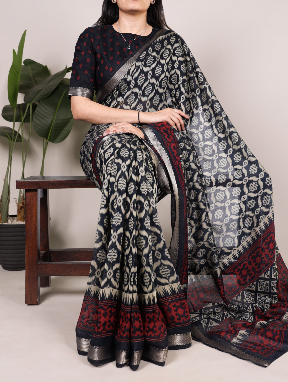 Black Ikkat Print Chanderi Saree