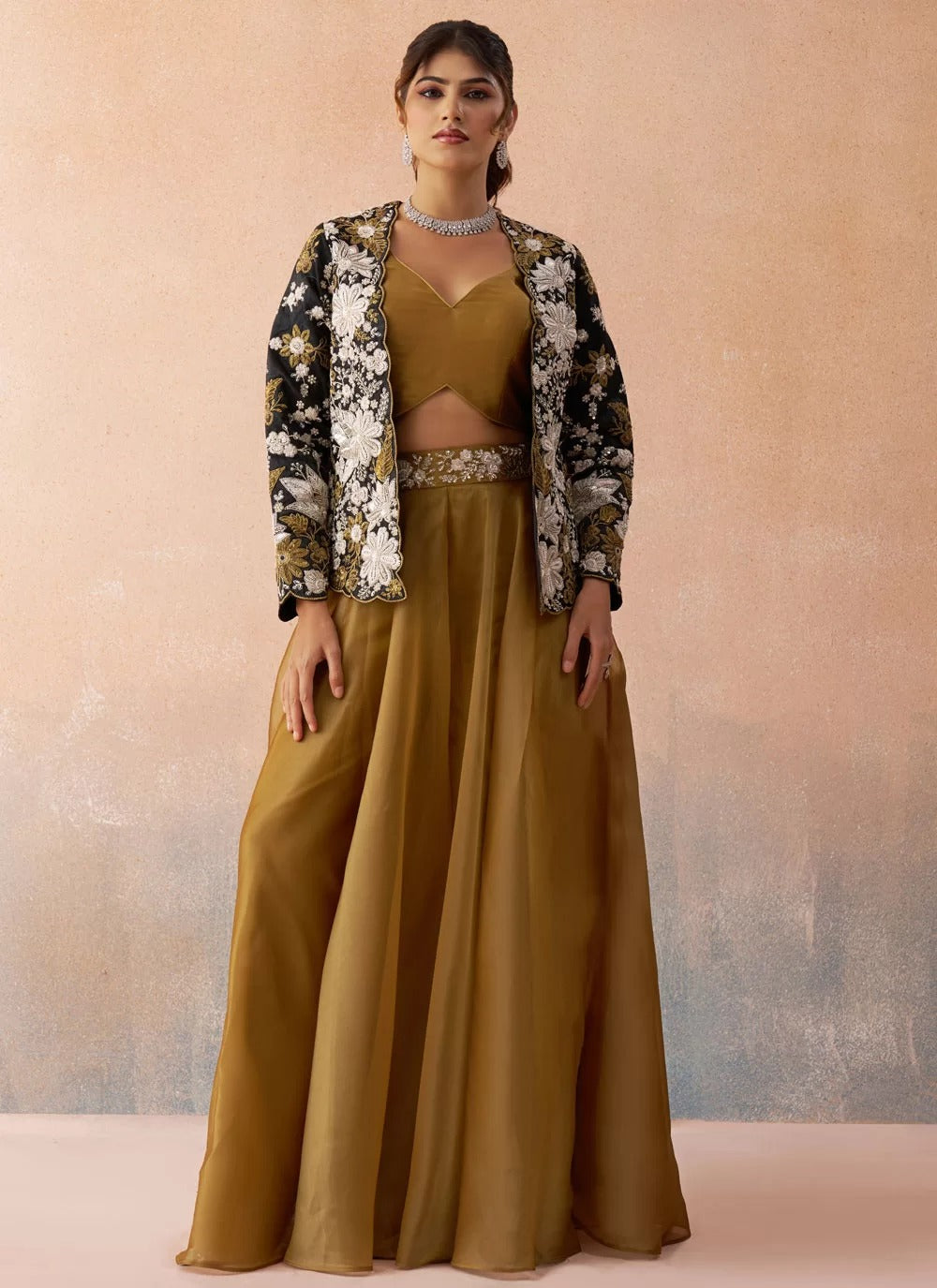 Black tissue indo western co ord set with floral embroidered raw silk jacket