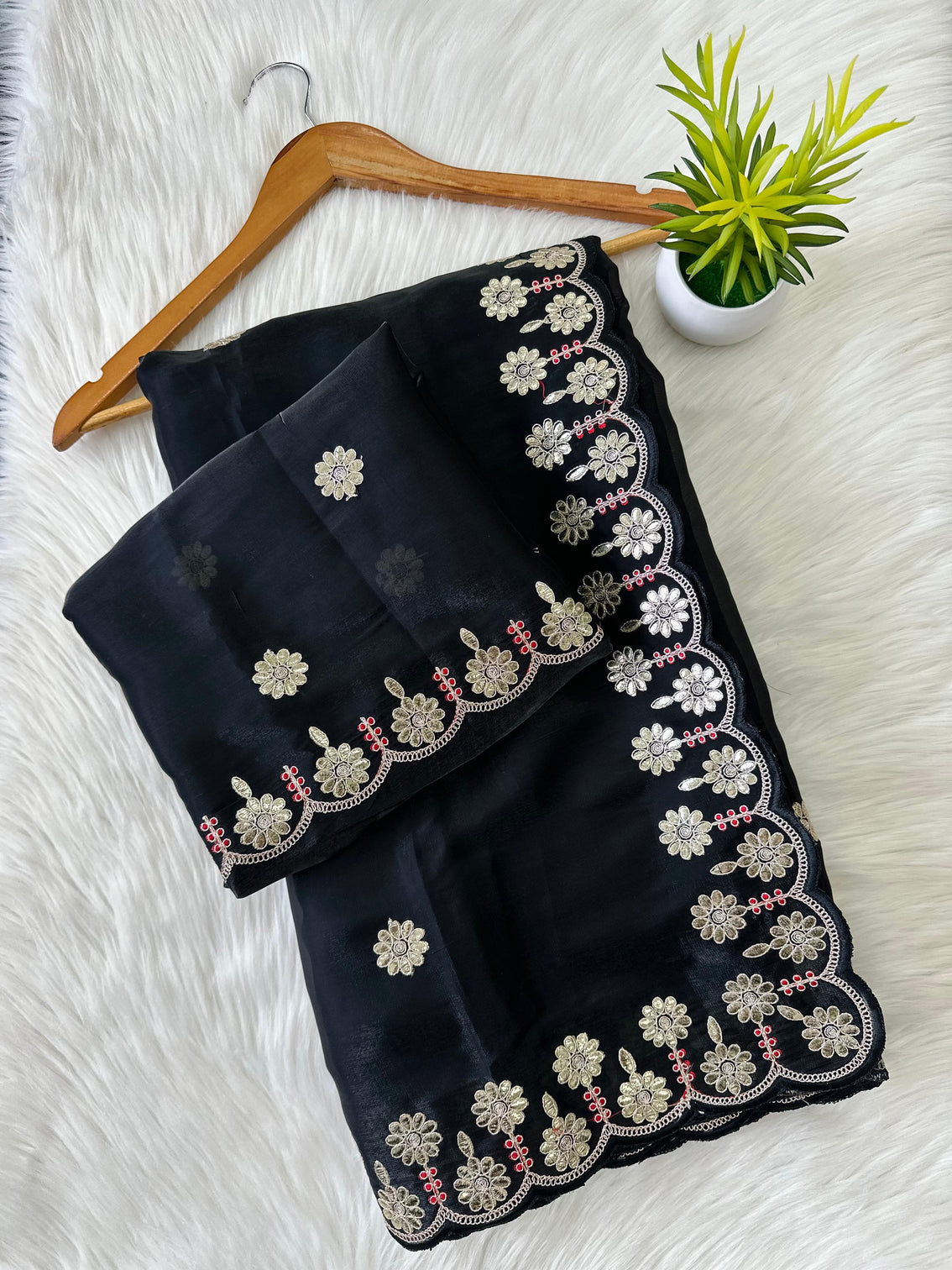 Black Saree with Beautiful Jaipuri Gota Work – Complete with Matching Running Blouse