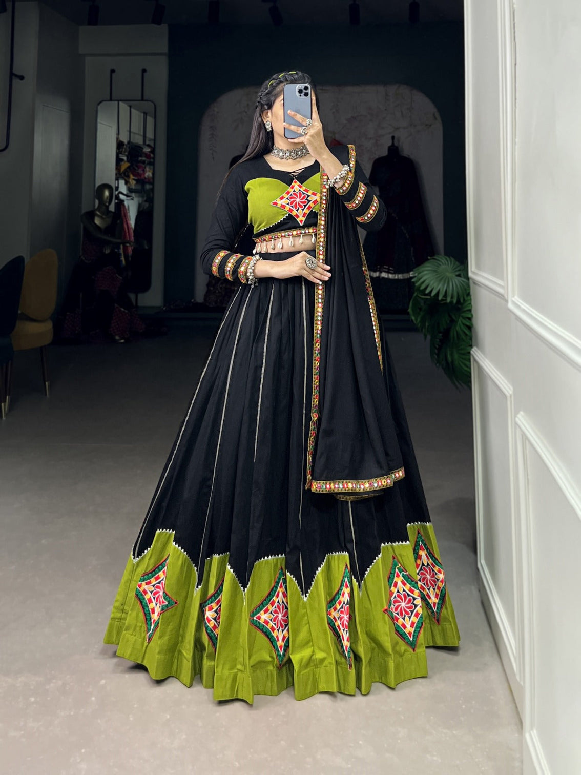 Black Lehenga Set with Gamthi Patchwork and Gota Patti
