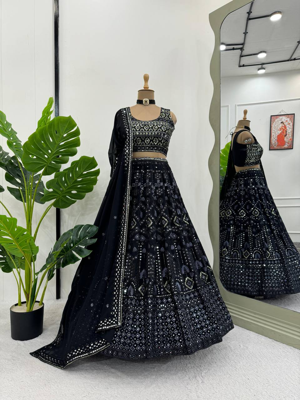 Black Luxe 9mm Sequin Embroidered Faux Georgette Lehenga Choli with Dupatta